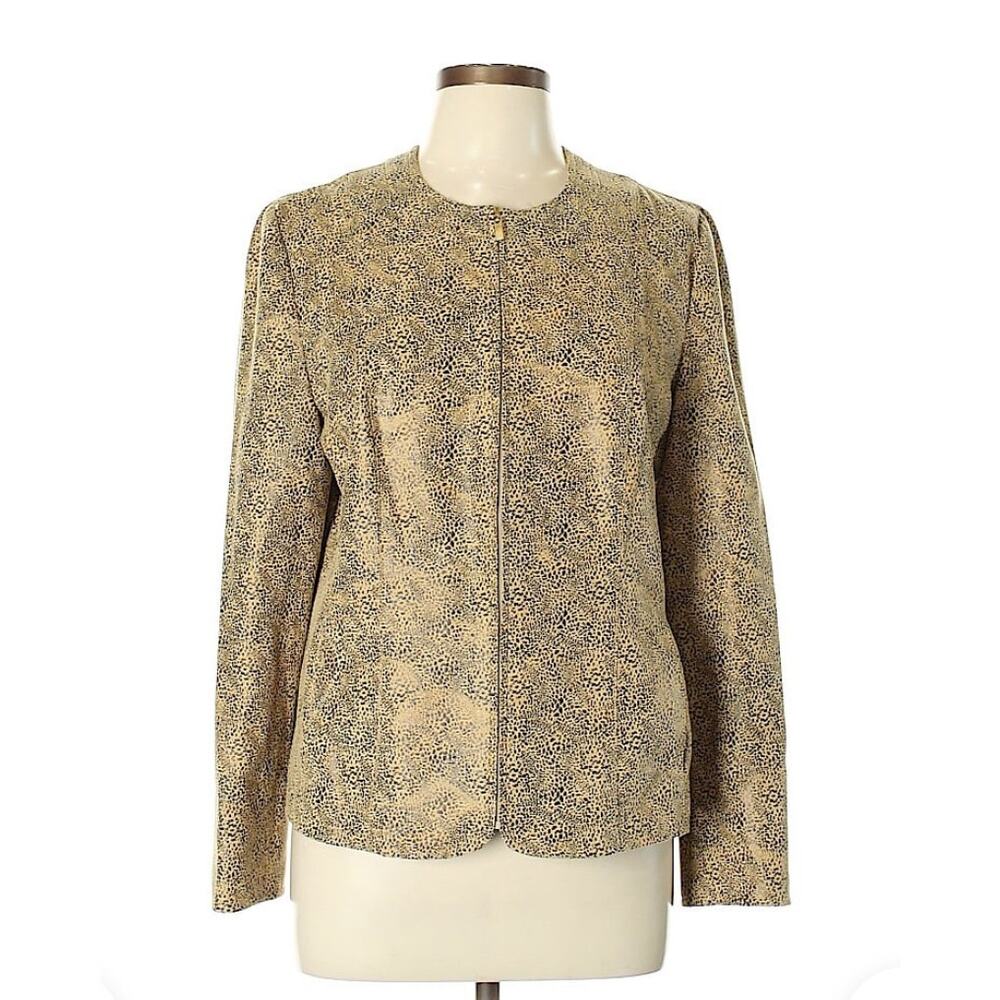 JM COLLECTION Brown Animal Print Zipper Front Faux Leather Blazer EUC
